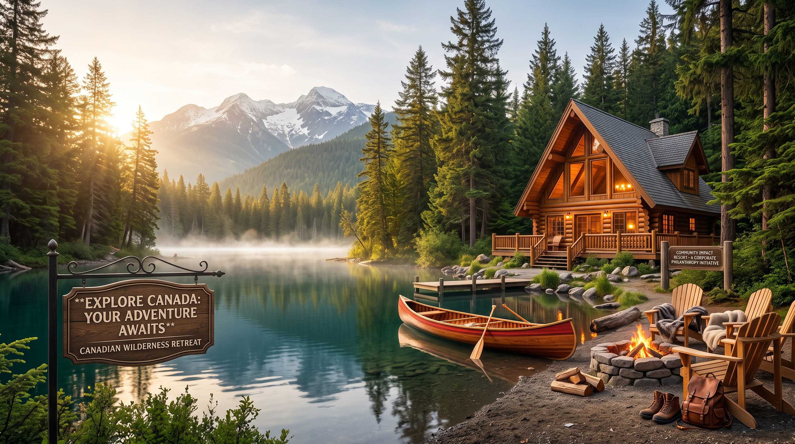 A red canoe, campfire, and empty chairs on a forested lakeshore, with a timber lodge and a snow-covered peak in the distance.