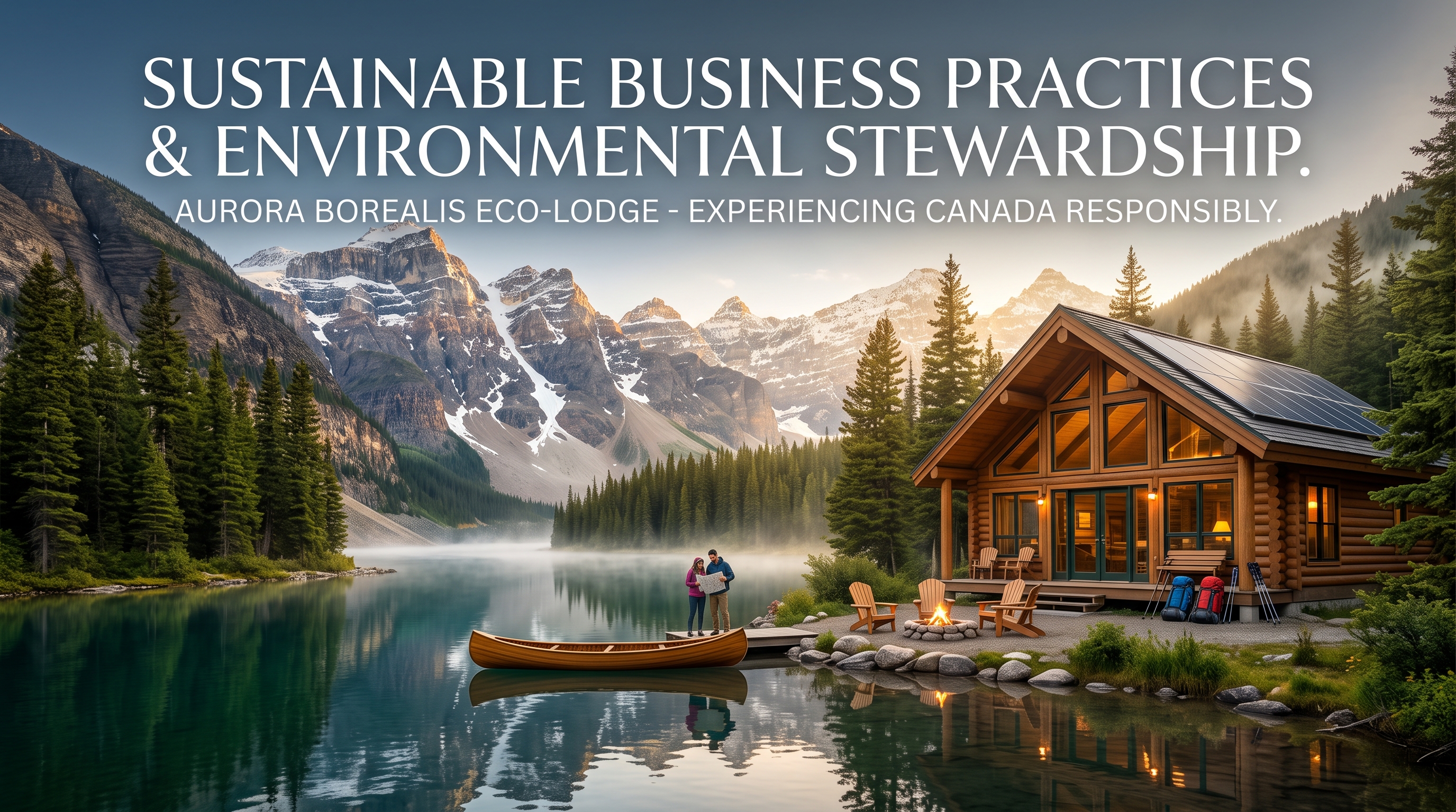 Two people stand on a dock beside a canoe, looking at a document, with a solar-panelled timber lodge and snowy peaks across the lake.
